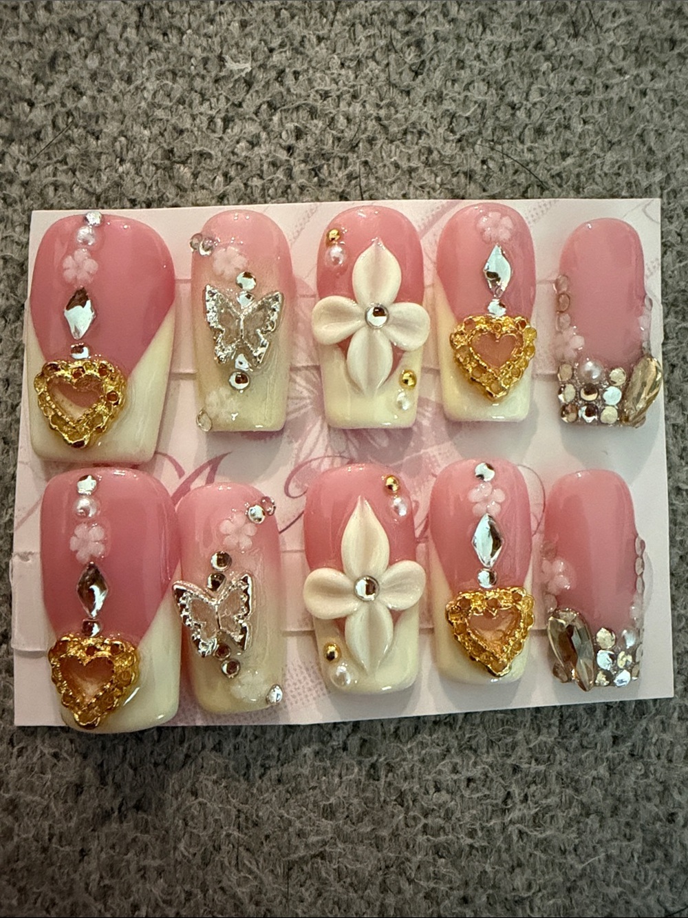 Yellow Floral & Heart 3D handmade acrylic Press-On Nails